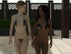 2girls 3d bikini black_bikini black_hair blonde_hair cb1964 dark-skinned_female dark_skin female multiple_girls original swimsuit