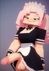 1futa 3d ai_generated altra_x bottomless bottomless_futanari collar futa_only futanari gloves grabbing_penis green_eyes large_penis looking_at_viewer maid mine-imator minecraft penis pink_hair skirt_lift smirk smug solo testicles