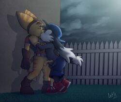 balls bottomless closed_eyes clothed clothing crossover duo erection footwear frottage fur gay hi_res humanoid_penis iztli kissing klonoa klonoa_(series) lombax male male/male male_only orange_fur partially_retracted_foreskin penis ratchet_(ratchet_and_clank) ratchet_and_clank sex shoes short topless uncut video_games white_fur yaoi yellow_balls yellow_fur