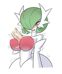 1boy 1girls 321go! areolae between_breasts blush breasts collarbone cum cum_between_breasts disembodied_penis egnahcio ejaculation erection female female_only gardevoir green_hair hair_over_one_eye half-closed_eyes hand_on_own_chest hand_up highres human interspecies inverted_nipples large_breasts looking_at_viewer mega_gardevoir mega_pokemon nintendo nipples open_mouth orgasm paizuri penis pokemon pokemon_(species) pokemon_rse pokemon_xy red_eyes short_hair simple_background straight sweat trembling upper_body veins veiny_penis wavy_mouth white_background