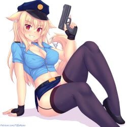 1girls belt beltskirt blonde_hair blue_shirt blue_skirt breasts cat_ears cat_tail catgirl female female_only fingerless_gloves fully_clothed garter_straps gloves gun handcuffs handgun hat high_heels holding_gun long_hair looking_at_viewer medium_breasts midriff miniskirt navel original panties pencil_skirt pink_panties police police_hat police_officer police_uniform policewoman red_eyes revealing_clothes shirt skirt stockings thighhighs tiffy tiffynyaa uniform upskirt