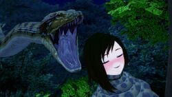 1boy 1girls 3d bikini black_hair breasts cleavage coiling crossover happy_trance hypnosis imminent_vore jungle kaa kaa_eyes koikatsu large_breasts leaning_forward lipstick mind_control mindless mrkoiru outdoors pale_skin red_lipstick ruby_rose rwby short_hair sleeping smile snake swimsuit the_jungle_book tree vore