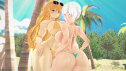 2girls ass ass_focus big_ass big_breasts bikini bikini_bottom bikini_top blonde_female blonde_hair blue_eyes breasts bursting_breasts cleavage fat_ass hands_on_hips large_breasts long_hair long_hair_female looking_at_viewer looking_back ponytail purple_eyes rwby seductive_look seductive_smile sideboob stormstriker sunglasses sunglasses_on_head thong_bikini weiss_schnee white_hair white_hair_female yang_xiao_long