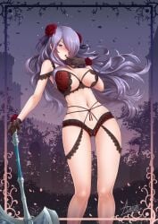 1girls adsouto ass_visible_through_thighs axe breasts camilla_(fire_emblem) commentary female finger_to_mouth fire_emblem fire_emblem_fates hair_over_one_eye highres large_breasts lingerie long_hair looking_at_viewer panties purple_hair red_panties solo thigh_gap underwear