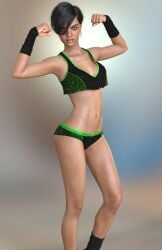 1girls 3d black_hair cb1964 crop_top flexing flexing_arms original panties