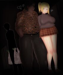 1girls 2boys 3d :d ? absurd_res absurdres background_character bag blonde_hair blue_eyes breasts cheating cheating_girlfriend cuckold dark-skinned_male dark_skin faceless_male fat fat_man food grocery_bag heart hi_res high_resolution highres looking_at_another multiple_boys netorare ntr open-mouth_smile open_mouth original school_uniform silhouette smile thick_thighs tied_hair twintails ugly_bastard ugly_man vyrus_smith yuuki_aoki_(vyrus_smith)