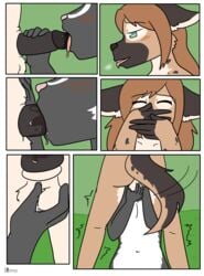 2017 anthro ball_fondling balls black_fur black_penis blush breasts brown_fur brown_hair closed_eyes comic covering_mouth dickgirl duo fellatio female fiona_(artist) fondling fur futa_on_female hair half-closed_eyes hands_over_mouth hyena intersex intersex/female jeanette_(xelaaredn) knot looking_pleasured mammal motion_lines navel nude oral panting penis saliva sex skunk small_breasts tasmin_(natani) tongue tongue_out white_belly white_fur