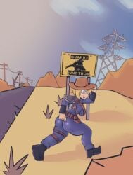 1girls ass ass_focus big_breasts blonde_female blonde_hair bodysuit courier_six cowboy_hat curvy_figure deathclaw desert fallout fallout_new_vegas female female_deathclaw lavtheghost meme post_apocalyptic red_lipstick running sign solo solo_female thick_ass thick_thighs thighs vault_girl vault_suit warning_sign wasteland