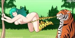 areolae ass assentlov blush breasts embarrassed green_hair horns jungle long_hair lum nipples outdoors panties_down panties_removed panty_pull pulling_panties socks striped_legwear striped_panties tiger tiger_print tiger_print_legwear urusei_yatsura yellow_eyes