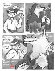 anthro canid canine canis cape clothed clothing comic death_(puss_in_boots) dialogue dreamworks felid feline felis gay hat headwear hood hood_up juice_theclown looking_at_another male male/male mammal monochrome poncho puss puss_in_boots_(dreamworks) puss_in_boots_the_last_wish shrek_(series) size_difference spanish_text speech_bubble undressing wolf yaoi