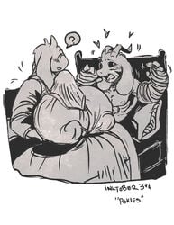 1boy 1girls 2017 ? anthro asriel_dreemurr athletic bed big_breasts big_penis black_sclera blush breasts bulge bulge_through_clothing caprine duo female goat god_of_hyperdeath heart humor incest inktober male mammal mother mother_and_son open_mouth outercourse paizuri paizuri_under_clothes parent penis pwcsponson restrained sex son toriel unaware_paizuri undertale video_games