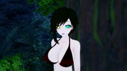 1boy 1girls 3d bikini black_hair breasts cleavage crossover hypnosis jungle kaa kaa_eyes koikatsu large_breasts lipstick mind_control mrkoiru outdoors pale_skin red_lipstick ruby_rose rwby short_hair snake surprised swimsuit the_jungle_book tree weak_resistance