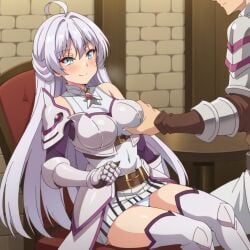 ai_generated blue_eyes female gray_hair knight kureha_clyret panties redo_of_healer touching_breast visible_underwear