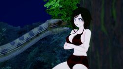 1boy 1girls 3d bikini black_hair breasts crossed_arms crossover jungle kaa koikatsu large_breasts lipstick mrkoiru outdoors pale_skin red_lipstick ruby_rose rwby short_hair silver_eyes snake surprised swimsuit the_jungle_book tree