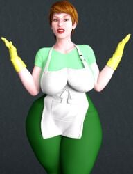 3d 3d_(artwork) apron cleaning clothed dexter's_laboratory dexter's_mom freckled_skin freckles freckles_on_face green_clothing green_eyes happy leggings milf mother onlythicks posing red_hair red_lipstick short_hair thick thick_ass thick_hips thick_thighs thighs