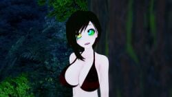 1boy 1girls 3d bikini black_hair breasts cleavage crossover hypnosis jungle kaa kaa_eyes koikatsu large_breasts lipstick mind_control mrkoiru outdoors pale_skin red_lipstick ruby_rose rwby short_hair snake surprised swimsuit the_jungle_book tree weak_resistance