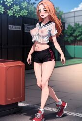 ai_generated covered_nipples crop_top field hard_nipples long_hair microshorts orange_hair shorts sneakers tokyo_revengers uniform yellow_eyes yuzuha_shiba