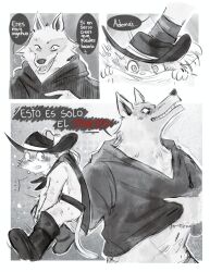 anthro belt blush boots canid canine canis cape clothed clothing comic death_(puss_in_boots) dialogue dreamworks felid feline felis furry gay hat headwear juice_theclown lifted_by_self lifting looking_at_another male male/male mammal monochrome poncho puss puss_in_boots_(dreamworks) puss_in_boots_the_last_wish shrek_(series) size_difference spanish_text speech_bubble wolf yaoi