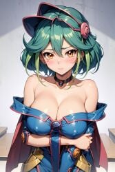 ai_generated athenaasamiya blush breasts dark_magician_girl_(cosplay) erect_nipples female green_hair hi_res huge_breasts looking_at_viewer orange_hair pose rin_(yu-gi-oh!_arc-v) solo yu-gi-oh! yu-gi-oh!_arc-v