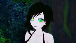 1boy 1girls 3d bikini black_hair breasts cleavage coiling crossover hypnosis jungle kaa kaa_eyes koikatsu large_breasts leaning_forward lipstick mind_control mrkoiru outdoors pale_skin red_lipstick ruby_rose rwby short_hair snake swimsuit the_jungle_book tree