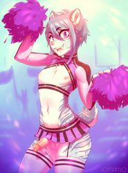 anthro balls cheer cheerleader clothed clothing enjoipandas feline femboy garter_straps girly ineffective_clothing inner_ear_fluff legwear looking_at_viewer male male_only mammal miniskirt nipples no_underwear penis pom_poms saber-toothed_cat skirt solo stockings thigh_highs twink