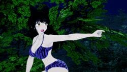 2girls 3d ass bikini black_hair blake_belladonna breasts cat_ears cat_girl crossover faunus jungle koikatsu large_ass large_breasts lipstick long_hair mrkoiru outdoors pale_skin purple_lipstick rwby short_hair shouting surprised swimsuit the_jungle_book tiger_print tree yellow_eyes