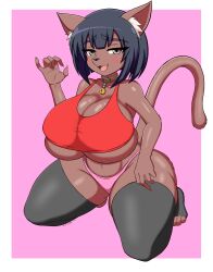anthro bell_collar big_breasts blue_hair brown_fur calcia cat_ears cat_tail catgirl female_furry furry grey_eyes huge_breasts soulkibble stockings thick_thighs thighhighs thighs underboob underwear