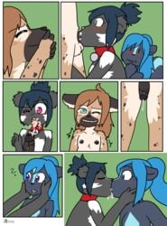 2017 ? anthro balls bell_collar black_fur black_nipples black_nose black_penis blue_fur blue_hair breasts brown_fur brown_hair collar comic cum cum_in_mouth cum_inside cum_swap dickgirl fellatio female fiona_(artist) fur futa_on_female green_hair hair hyena intersex intersex/female jeanette_(xelaaredn) mammal motion_lines nipples nude one_eye_closed open_mouth oral orgasm penis purple_eyes rodent sex skunk small_breasts snowballing squirrel tasmin_(natani) tongue tongue_out veronica_(natani) white_fur young yuri