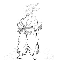 cleavage clothes curvy_female curvy_figure demonroyal dust_cloud exposed_cleavage female female_focus female_only hair_bun huge_breasts huge_breasts kiki_(demonroyal) martial_arts_uniform original_character sketch standing