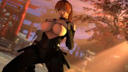 3d big_breasts bodysuit breasts brown_eyes brown_hair bursting_breasts curvy dead_or_alive exposed_breasts hand_on_breast huge_breasts japan kasumi_(doa) kneeling looking_pleasured naughty_face ninja on_knees seductive solo solo_female source_filmmaker wide_hips xauk