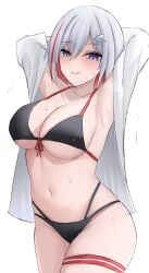 1girls arms_behind_head arms_up bikini collared_shirt half-closed_eyes honkai:_star_rail large_breasts large_thighs parted_lips smile sweat sweaty sweaty_body thick_thighs thigh_strap topaz_(honkai:_star_rail) very_sweaty wide_hips