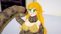 asphyxiation big_breasts blonde_hair bra breasts coiling coils constricting constriction crossover disney happy_trance hypnosis kaa large_breasts mrkoiru open_mouth rwby snake strangling submissive submissive_female the_jungle_book yang_xiao_long