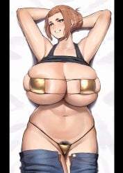 1girls anhuzart arms_behind_head big_breasts bikini breasts brown_hair busty curvaceous curvy curvy_body curvy_female curvy_figure ethan69_(artist) eyepatch_bikini female female_pubic_hair gold_bikini golden_week hands_behind_head huge_breasts kaii_to_otome_to_kamikakushi large_breasts mole mole_under_eye pubic_hair short_eyebrows small_eyebrows sumireko_ogawa voluptuous