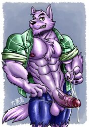 2017 abs anthro bernard_(ok_k.o.!_lbh) biceps big_muscles boner canine cartoon_network chest_tuft clothed clothing cum erection fur kyuuhari male male_only mammal muscular ok_k.o.!_let's_be_heroes open_shirt pecs penis purple_fur shirt solo tuft were werewolf wolf