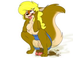 amy_the_squirrel anthro anus black_eyes blonde_hair breasts brown_fur clothing crouching digital_media_(artwork) feces female fur hair hi_res mammal nastysashy_(artist) pussy rodent sabrina_online scat smile solo squatting squirrel teeth tongue tongue_out