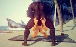 3d balls_deep beach blonde_hair blue_eyes dark-skinned_male dark_skin deepthroat deepthroat_hug fellatio female glasses interracial irrumatio large_breasts male medium_hair nina_(shassai) oral shassai