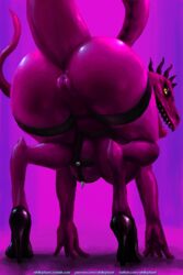 2017 4_fingers all_fours anthro anus ass bent_over big_butt big_thighs biped breasts butt_focus clothing digital_media_(artwork) digital_painting_(artwork) digitigrade dinosaur female footwear gradient_background hanging_breasts high_heels humanoid_hands interstellar_demon_stripper leather lighting lingerie long_tail looking_at_viewer looking_back mostly_nude nihilophant non-mammal_breasts open_mouth open_smile pink_anus pink_background pink_body pink_pussy pink_tail pink_theme presenting presenting_anus presenting_hindquarters presenting_pussy purple_background pussy raised_tail rear_view rick_and_morty scalie shadow sharp_teeth shoes simple_background slit_pupils smile solo spikes stripper teeth theropod url yellow_eyes