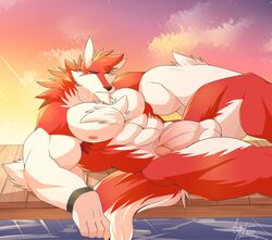 2017 5_fingers abs absurd_res anthro biceps big_biceps big_muscles big_pecs canine daikitei digital_media_(artwork) fur hi_res looking_at_viewer male male_only mammal muscular muscular_male nude pecs red_fur solo wolf