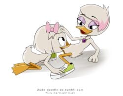 2017 2girls all_fours anthro anthro_on_anthro avian bird clothing cunnilingus disney duck ducktales ducktales_(2017) dude-doodle-do duo female footwear hair_ribbon hairbow lena_de_spell looking_up mostly_nude multiple_girls nude oral pendant reclining ribbons sex shoes simple_background spread_legs spreading vaginal_penetration webby_vanderquack white_background young yuri