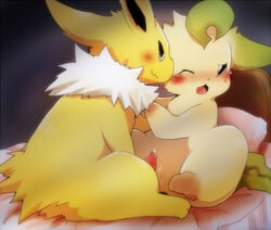 azuma_minatsu blush cum duo eevee eeveelution female feral jolteon leafeon male nintendo one_eye_closed open_mouth penis pokemon pokemon_(species) straight tagme tears video_games