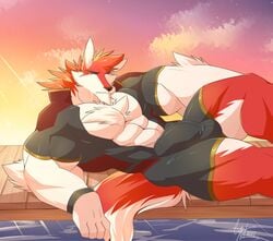 2017 5_fingers abs absurd_res anthro biceps big_biceps big_muscles big_pecs canine clothing daikitei digital_media_(artwork) fur hi_res looking_at_viewer male male_only mammal muscular muscular_male pecs red_fur solo wolf