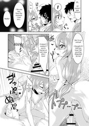 absurd_res anthro apron blush breasts canine clothing comic cowgirl_position doujinshi female fox french_kissing fur greone greyscale hair hi_res human japanese_text kemono kissing long_hair male mammal monochrome naked_apron nipples nme nude on_top sex store straight text translated