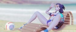 3d batyastudio beach bikini blender breasts breasts_out cote_d'azur_widowmaker glasses overwatch panties_aside purple_skin pussy widowmaker