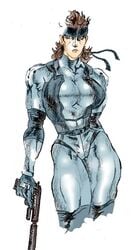 1girls blue_eyes brown_hair clothed color colored female female_only guarana_taravana gun handgun headband human humanoid long_hair metal_gear metal_gear_solid round_ears rule_63 skin_tight solid_snake solo uncensored weapon white_background