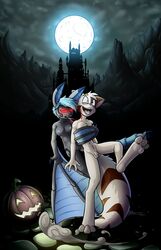 2017 anthro bat bat_wings blood blue_eyes blue_hair blue_nipples blush breasts dreamkeepers duo fangs feline feline female food fruit fur glowing glowing_eyes grey_fur hair halloween heart hi_res holidays jack-o'-lantern lord-kiyo mace_(dreamkeepers) male mammal membranous_wings moon nipples nude penis pumpkin pussy red_eyes tan_fur tongue tongue_out vampire vanth wings