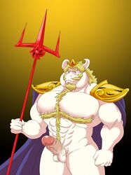 1boy 2017 2d 5_fingers abs anthro anthro_male anthro_only armor asgore_dreemurr balls bara barazoku beard biceps big_muscles big_pecs blonde_hair blue_eyes blush body_hair boss_monster cape caprine chest_hair clothing crown digital_media_(artwork) erection eyebrows facial_hair front_view fur furry furry_male furry_only glans goat gradient_background hair half-length_portrait happy_trail hi_res holding_object holding_weapon horn humanoid humanoid_male humanoid_only humanoid_penis king looking_at_viewer male male_only mammal mammal_humanoid mature_male melee_weapon miguel_okami mostly_nude moustache muscular muscular_male naked_cape nipples pauldron pecs penis pink_nipples pink_penis polearm portrait royalty short_hair signature simple_background solo solo_male standing trident undertale undertale_(series) vein veiny_penis video_games weapon white_balls white_fur white_horn yellow_eyebrows