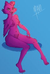 anthro blue_background bojack_horseman breasts claws feline feline female fur green_eyes looking_at_viewer mammal nipples nude pink_fur princess_carolyn pubes simple_background sitting solo thegoodmano