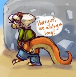 anthro blush clothing female fur jak_and_daxter mammal mustelid open_mouth ottsel paws pocketpaws presenting pussy shorts smile solo tess_(jak_and_daxter) tess_(ottsel;_jak_and_daxter) text undressing video_games