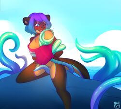 anthro anthro_only blush box-cat breasts chest_tuft clothing consensual_tentacles female furry hair hi_res mammal multicolored_hair mustelid nipples no_humans otter swimsuit tentacle tuft two_tone_hair