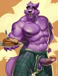 2017 abs alpha0 anthro areola balls bernard_(ok_k.o.!_lbh) biceps big_biceps boner brown_eyes canine claws clothed clothing cum_on_food dilf erection eyebrows fluffy fluffy_tail food fork front_view green_bottomwear hi_res holding_object humanoid_penis looking_back male male_only mammal muscular muscular_male navel nipples ok_k.o.!_let's_be_heroes open_pants pancake pants pecs penis plate poking_out precum presenting presenting_penis purple_balls purple_claws purple_nipples purple_penis purple_skin purple_tail sharp_teeth simple_background solo standing teeth topless vein veiny_penis were werewolf